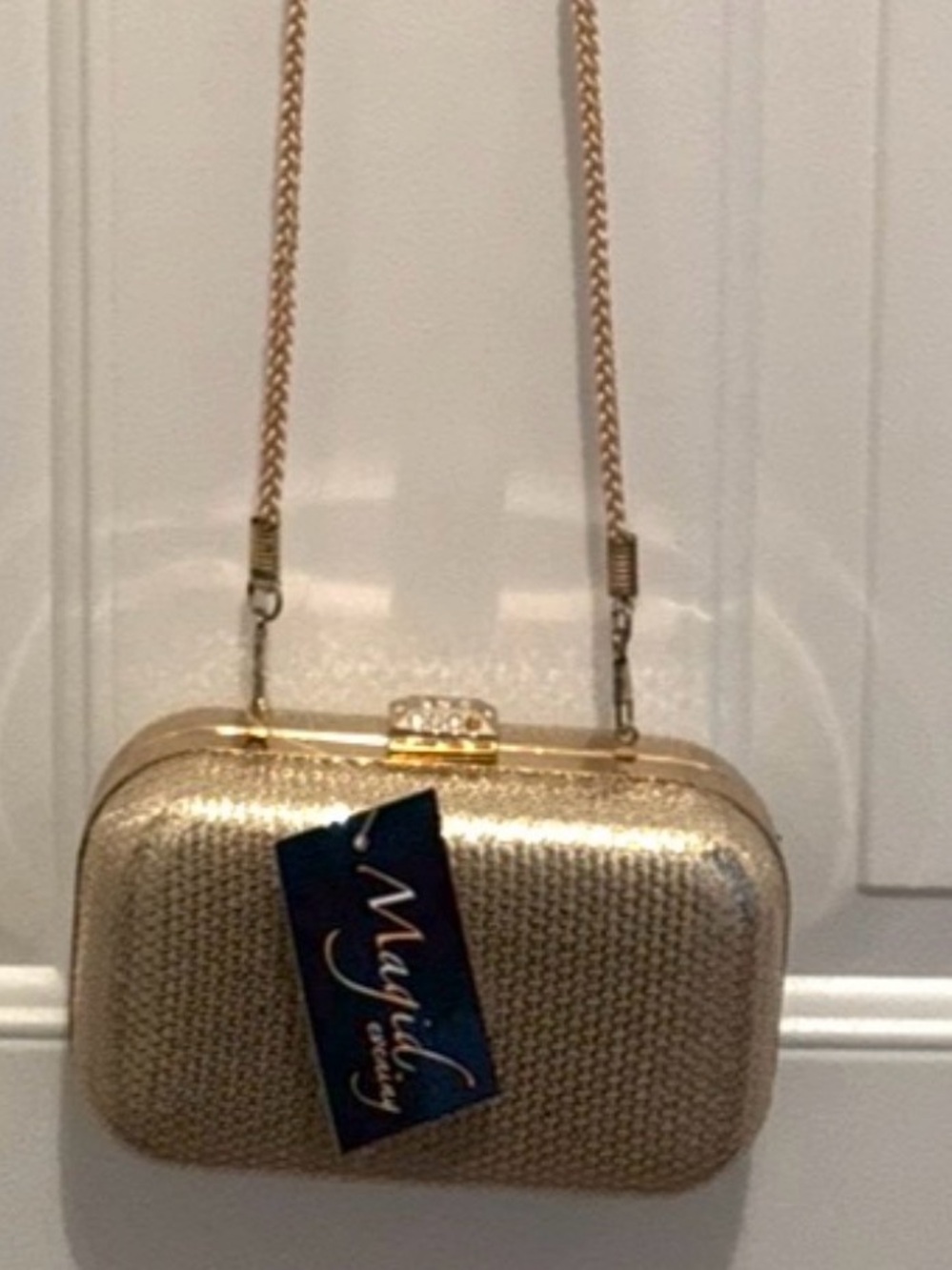 Magid Metallic Gold Textured Box Clutch with Chain Strap